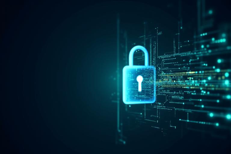 Cyber security illustration with lock icon and shield symbol